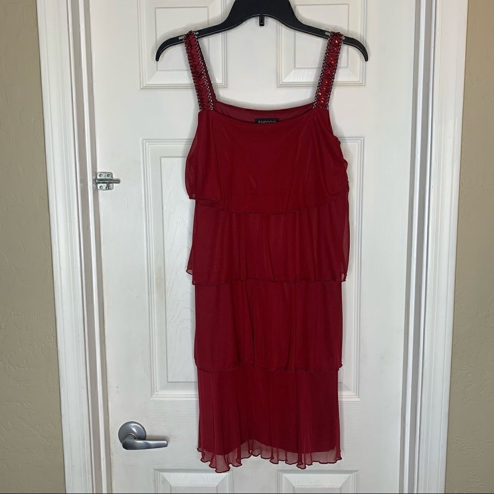 Enfocus Studio Red Wine Ruffle Dress with Sequin Straps Size 12